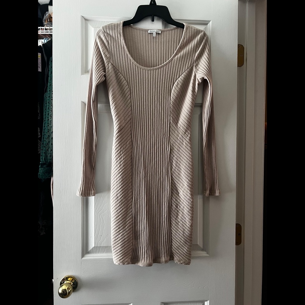 Beige Ribbed Long Sleeve Dress
